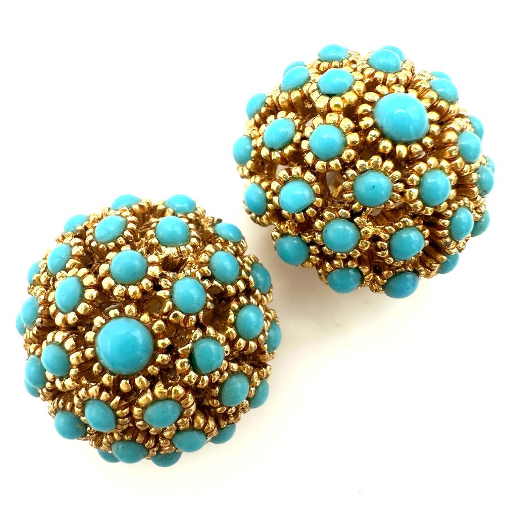 Vintage Victorian Revival gold tone faux turquoise domed circle clip on earrings